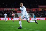 SWANSEA, WALES - JANUARY 31:  Gylfi Sigurdsson of Swansea City celebrates scoring his sides second goal during the Premier League match between Swansea City and Southampton at Liberty Stadium on January 31, 2017 in Swansea, Wales.  (Photo by Stu Forster/Getty Images)